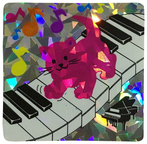 holographic sticker of a cat walking across a piano